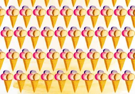 ice cream with three balls in waffle cone painted in watercolor