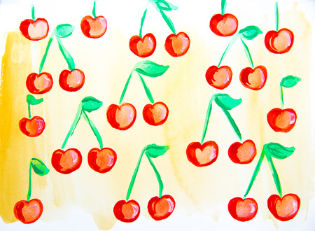 red cherries with green sprig painted watercolorの写真素材