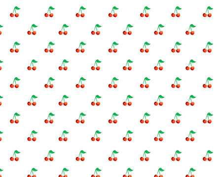 red cherries with green sprig painted watercolorの写真素材