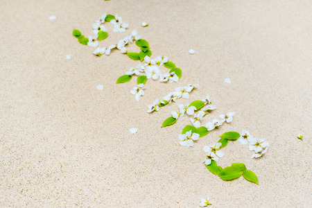 inscription spring, lined with fresh flowers on light beige backgroundの写真素材