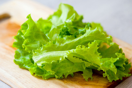 lettuce leaves on a wooden board closeupの写真素材
