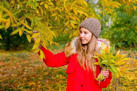 little girl in autumn park with leafs smiling, vacation, autumn, outdoorsの写真素材