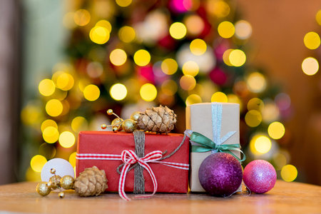 Christmas or New Year background in purple and gold colors. Bokeh