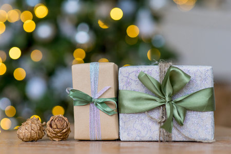 Christmas or New Year background in white and silver colors. Bokeh