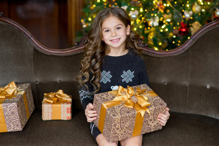 young beautiful girl sitting on the sofa Christmas time with christmas gift. Christmas interior
