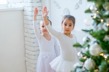 Two young ballet dancers learning the lesson near Christmas tree. Try some new poseの写真素材