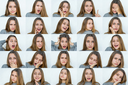 Set of emotions beautiful girls portraits isolatedの写真素材