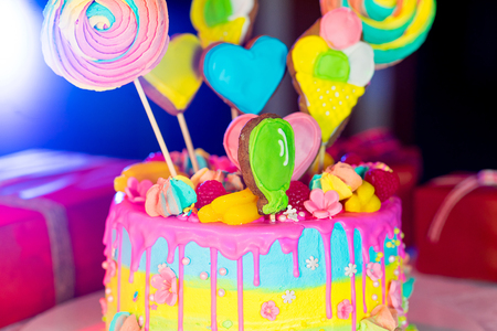 large birthday cake on the tableの写真素材