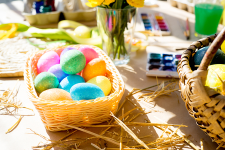 Easter eggs and brushesの写真素材