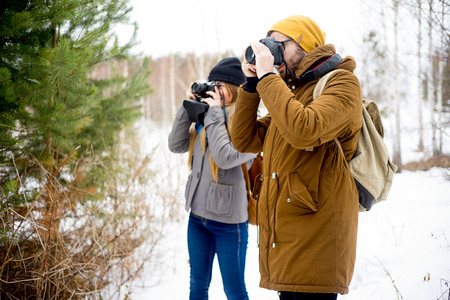 Couple hiking in forestの写真素材