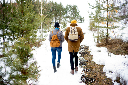 Couple hiking in forestの写真素材