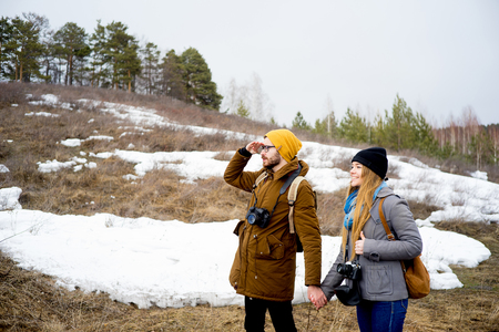 Photographers in the forestの写真素材