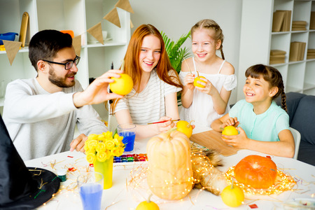 Family preparing for halloweenの写真素材