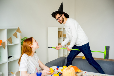 Couple having fun on halloweenの写真素材