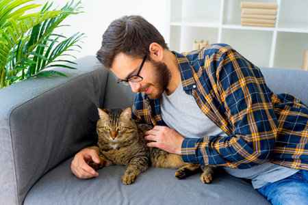 Man with a catの写真素材