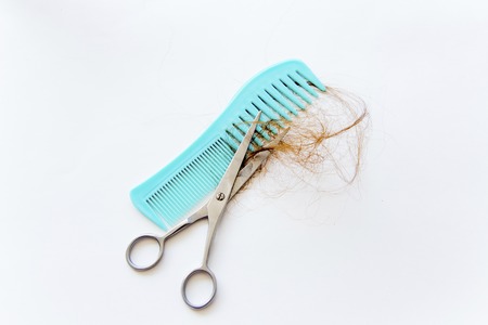 Scissors and a comb on a white backgroundの写真素材