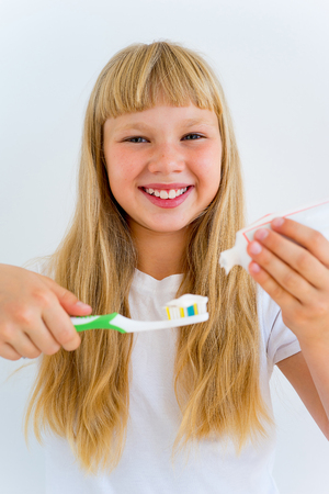Girl brushing teethの写真素材
