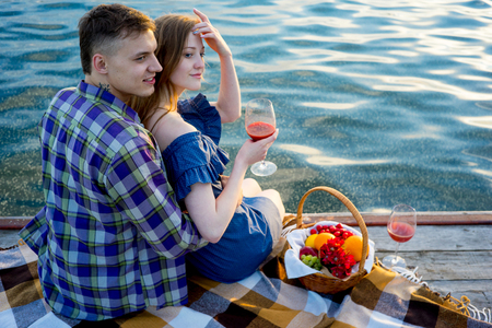 Romantic picnic by the lakeの写真素材