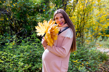 Pregnant woman walking in a parkの写真素材