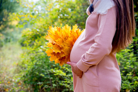A portrait of a pregnant woman walking in an autumn parkの写真素材