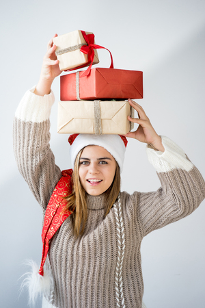Girl wearing christmas capの写真素材
