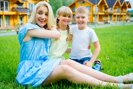 Family picnic with a dogの写真素材