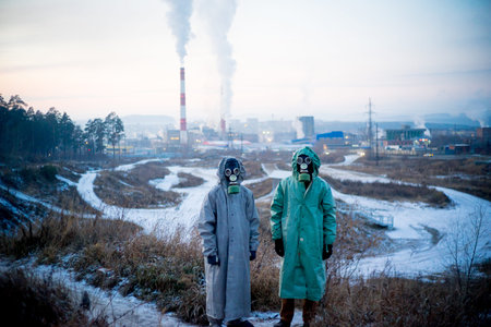People in gas masksの写真素材