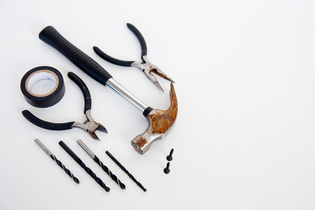 Top view of working tools wrench hammer screwdriver plier drillの写真素材