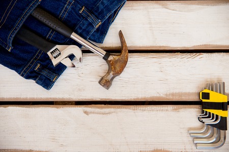 Top view of working tools wrench hammer screwdriver plier drillの写真素材