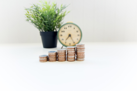 Image of coin stacks on a white backgroundの写真素材