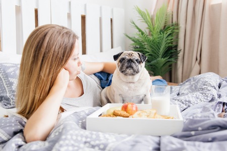 Young woman with her dog in a bed. Breakfast in bedの写真素材