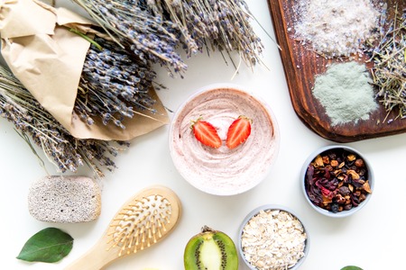 Fresh herbs,fruits and essential oil for skin careの写真素材