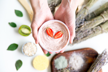 Fresh herbs,fruits and essential oil for skin careの写真素材