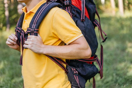 couple of tourists with backpacks hiking in a forestの写真素材