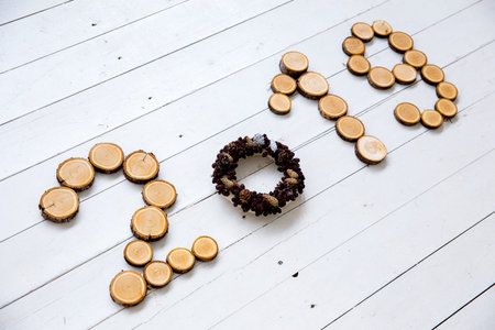 Set of christmas things on a wooden background
