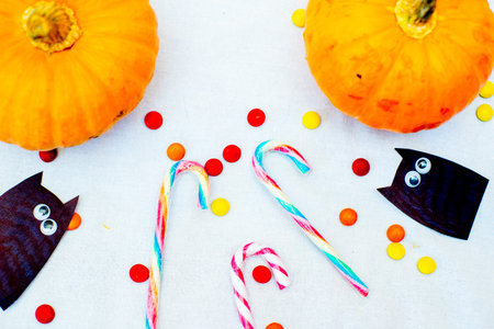 Halloween holiday concept. composition made of orange pumpkinsの写真素材