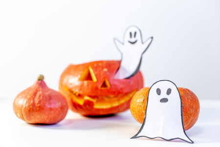 Halloween holiday concept. composition made of orange pumpkinsの写真素材