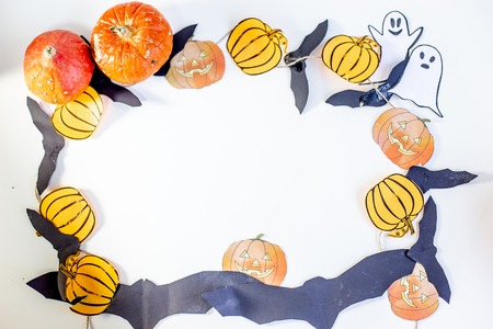 Halloween holiday concept. composition made of orange pumpkinsの写真素材