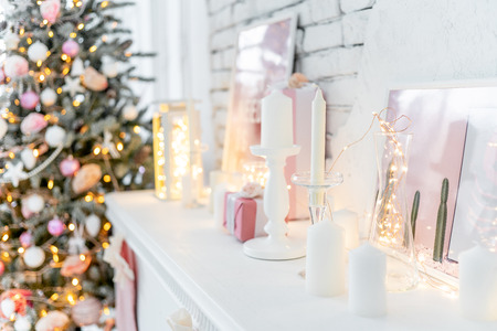 Christmas living room with a christmas tree and presents under itの写真素材