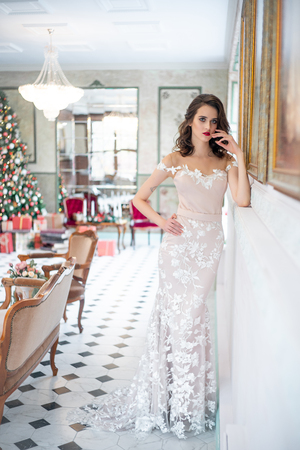 Beautiful young woman in an evening dress celebrating christmasの写真素材