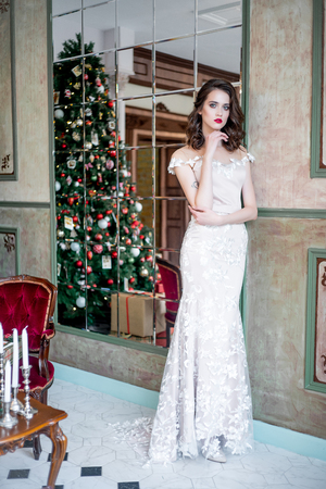 Beautiful young woman in an evening dress celebrating christmasの写真素材