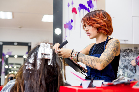 Professional hairdresser working with client in salon