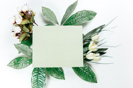 green sticky note with green plant leavesの写真素材