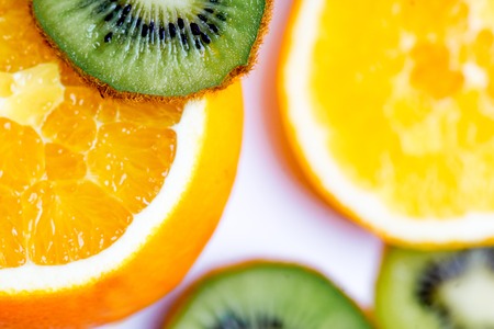 Creative layout made of fruits on a white backgroundの写真素材