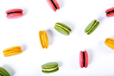 various colorful sweet macarons cookies for dessertの写真素材
