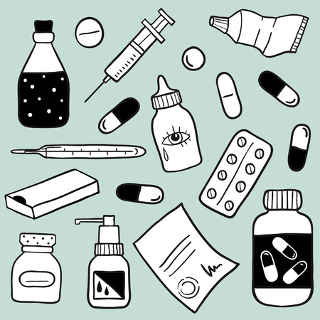 Set of health care and medicine objects, doodle medical elements. Sketch style hand drawn vector illustration.  Pills drug, injection, syrup, capsule, thermometerのイラスト素材