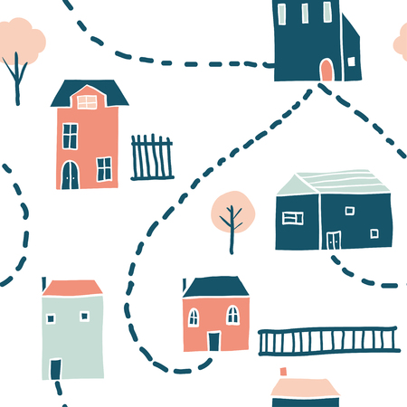 Seamless landscape pattern. Scandinavian simple minimalist houses and trees. Funny map texture. Cute stylized city. Hand drawn cartoon street illustration for children textile, fabricのイラスト素材
