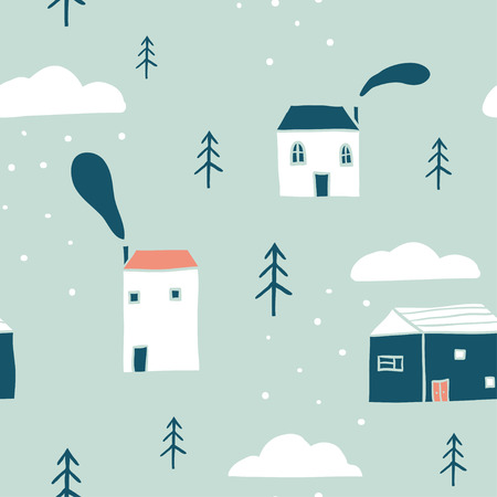 Seamless winter landscape pattern. Scandinavian simple minimalist houses, trees, clouds and snow. Funny map texture. Cute stylized city. Hand drawn cartoon street illustration for children textile, fabricのイラスト素材