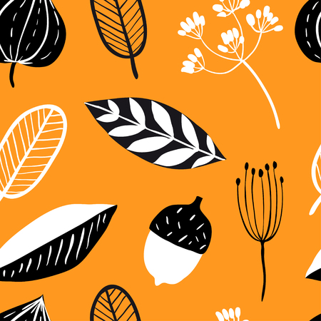 Vector seamless pattern with doodle floral elements. Autumn collection. Flower graphic design. Herbs, leaves and wild flowers. Hand drawn vector botany texture. Modern fall seasonal decorのイラスト素材