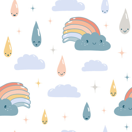 Funny weather vector seamless pattern. Emotional weather forecast. Clouds, rain, drops and rainbow in kawaii style with smiling face. Cute background for kidsのイラスト素材